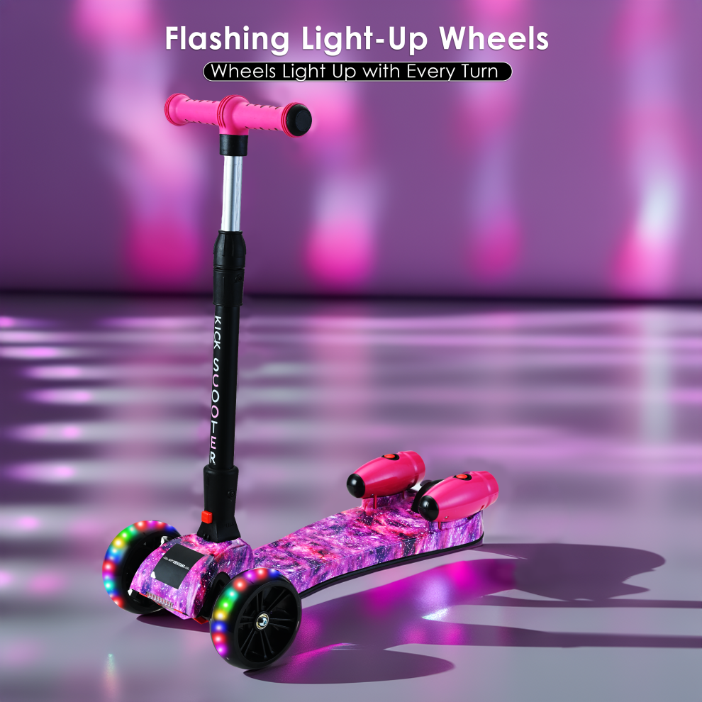 galaxy-pink--3-wheel-kids-scooter-height-adjustable-bluetooth---water-spray-light-up-flashing-wheels