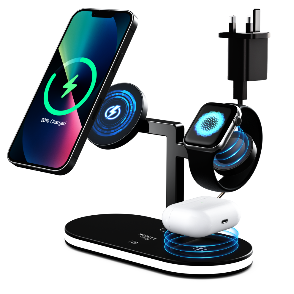 5-in-1 Wireless Charging Dock LED Light and UK Plug | Compatible with MagSafe, IPhone Apple Watch Airpods Apple Watch| USB-A & Type-C Port UK Plug