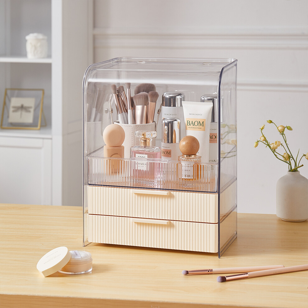 (Cream) 3-Tier Transparent Cosmetics Storage Organizer