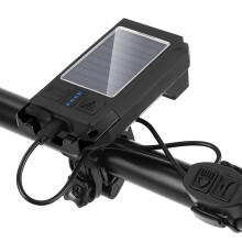 Solar USB Rechargeable Bike Headlight Front Light Waterproof Bicycle Flashlight Night Riding Light Lamp with Horn(Black)