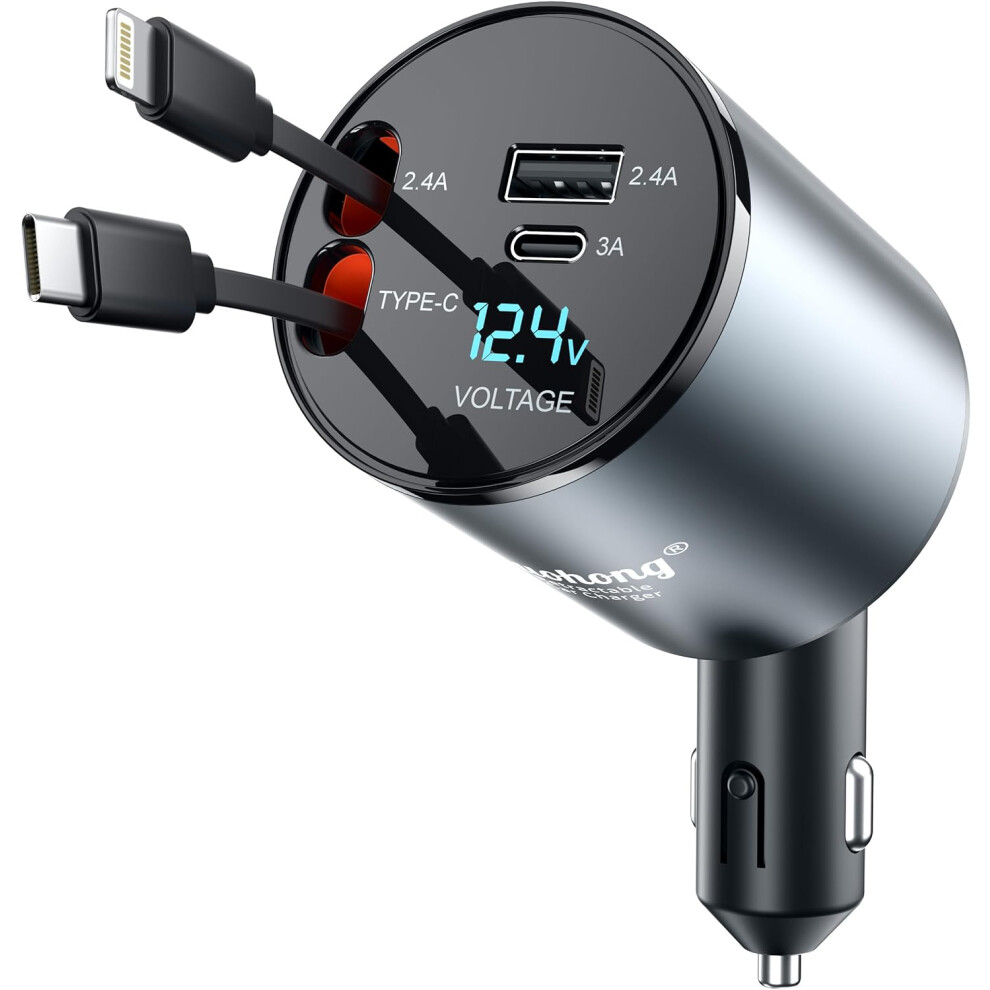 Retractable Car Charger, Upgraded 120W 4 in 1 Super Fast Charge Car Phone Charger, Retractable Cables and 2 USB Ports, Car Charger Adapter for iPhone