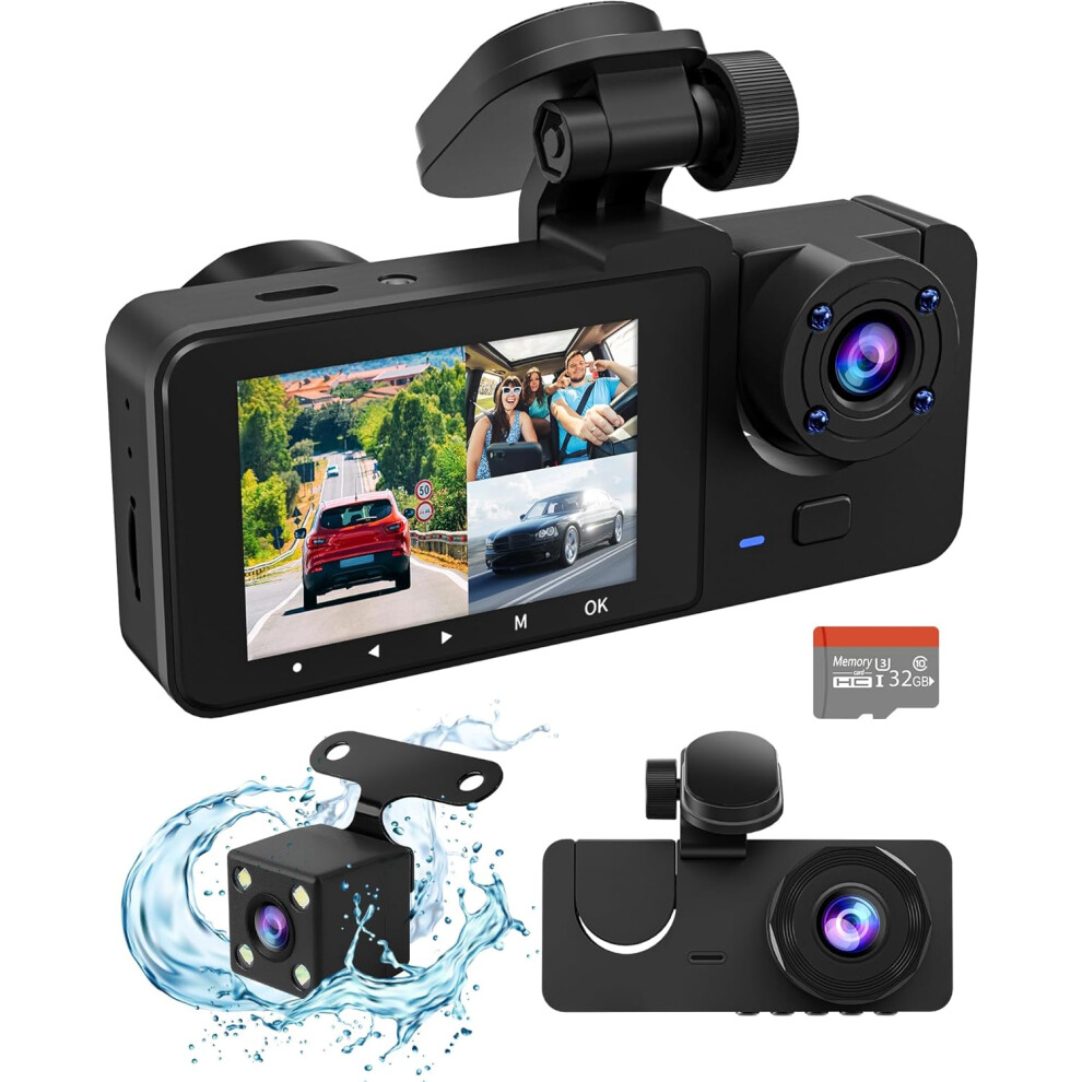 3 Channel Dash Cam Front and Rear Inside,4K Full UHD Dash Camera for Cars with Free 32GB SD Card,Built-in Super Night Vision,2.0'' IPS Screen,WDR,Loop