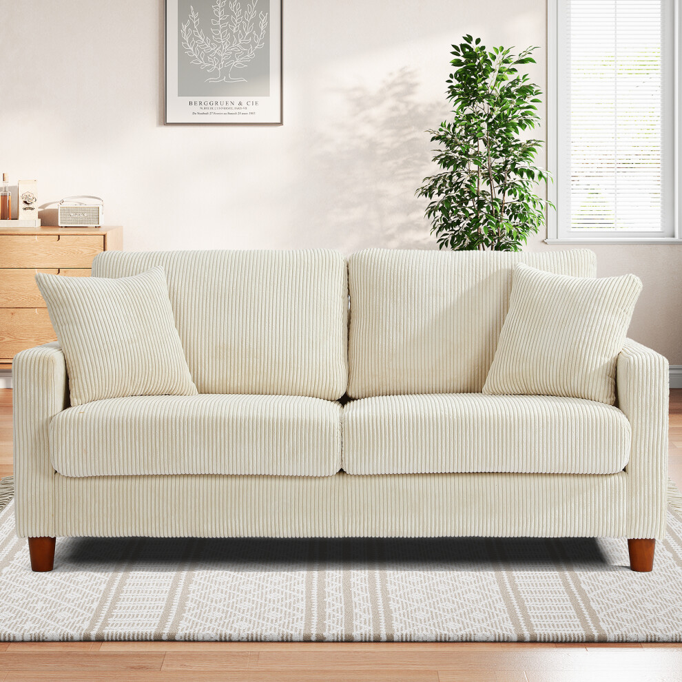 (Beige	) Sofa for two with corduroy wood feet