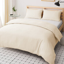 (Cream, Single: 137 x 200 cm) Plain Duvet Quilt Cover Bedding Set & Pillowcases