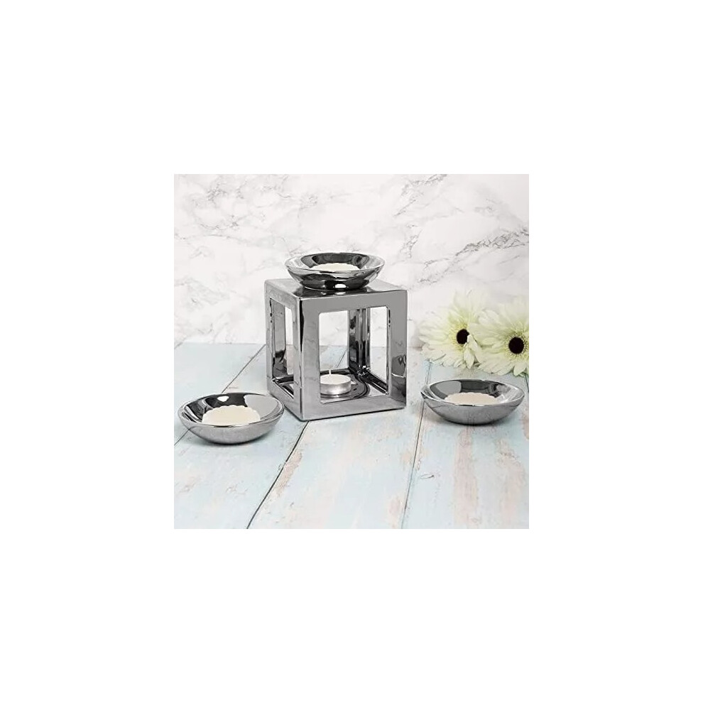 Ceramic Oil Burner 3D Cubed Shaped Silver Wax Melting Pots Aroma Tealight Holder
