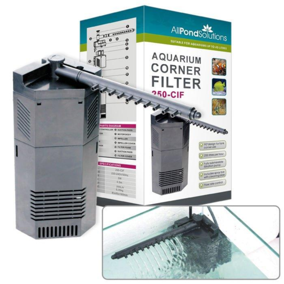 Allpondsolutions 250L/H Internal Corner Filter 250-Cif For Fresh/Salt Water Tanks Up To 45L - Submersible, Adjustable Spray Bar, Corner, Suction Cups