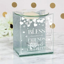 Bless This Home with Friends Glittered Glass Wax Melt Oil Warmer Candle Tealight Holder Burner Centrepiece