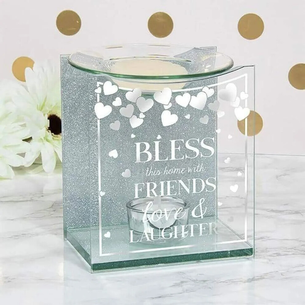 Bless This Home with Friends Glittered Glass Wax Melt Oil Warmer Candle Tealight Holder Burner Centrepiece