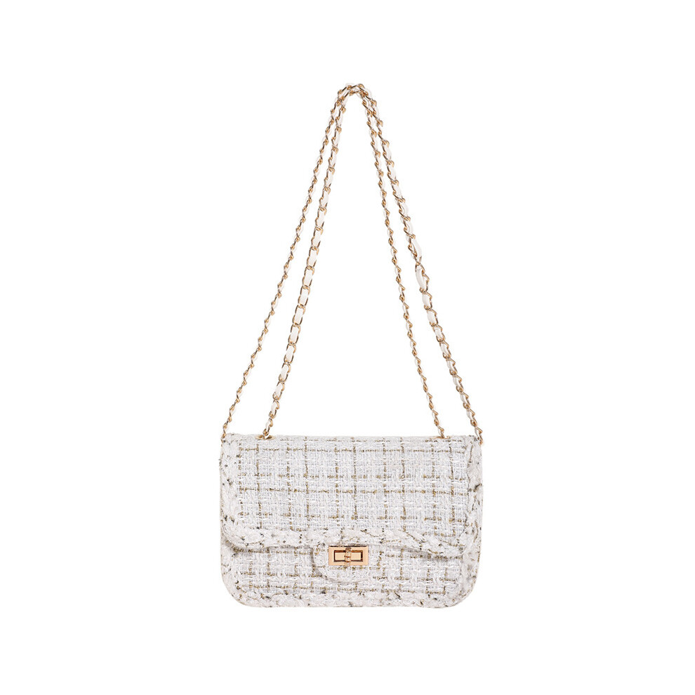 (Beige) Woolen Fashionable Tweed Plaid Chain Bag Minimalist Shoulder Bag For Daily Use