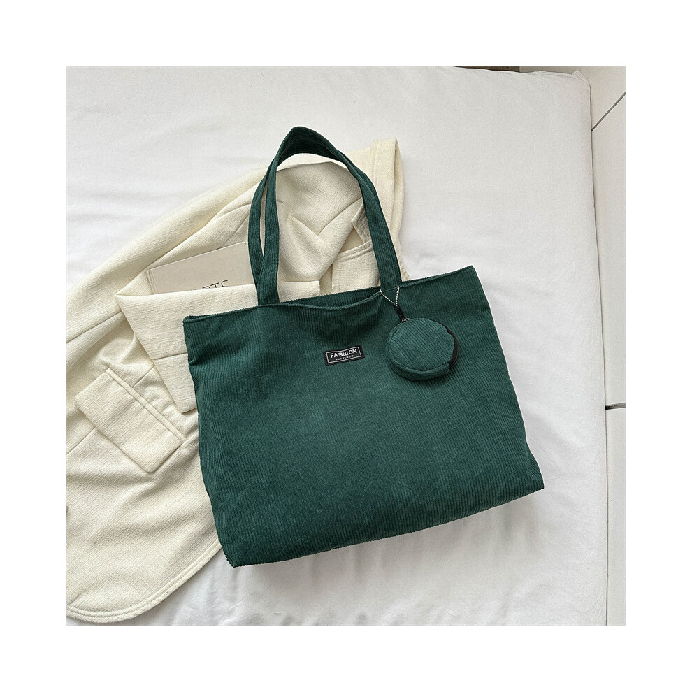 (Green) Trendy Soft Corduroy Tote Bag With Zipper Closure Elegant And Roomy Design