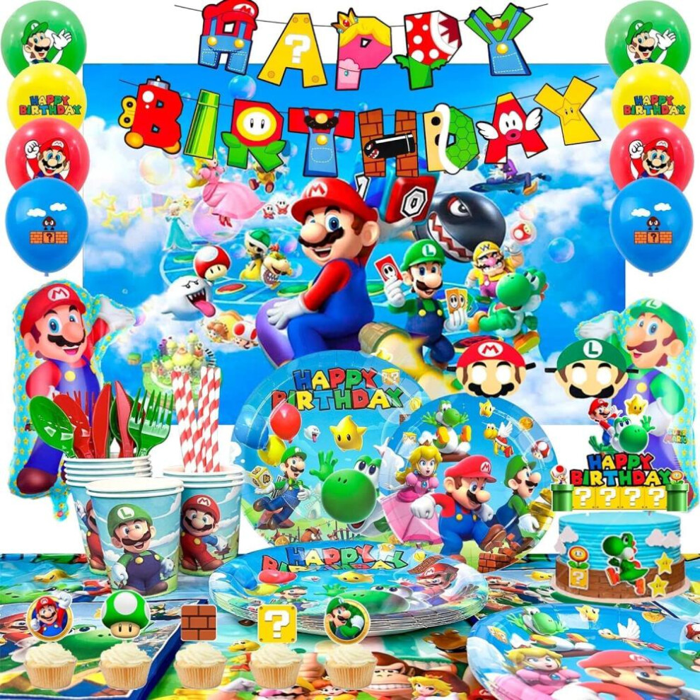 177pcs Mario Party Decorations&Tableware Set-Mario Party Plates Cups Napkins Table Cloth Balloons Backdrop Banner etc Super Mario Birthday Decorations