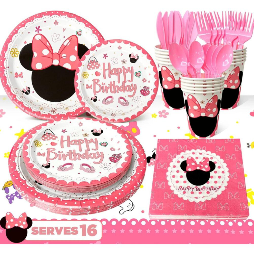 113pcs Minnie Mouse Birthday Party Supplies Pack,Minnie Mouse Birthday Plates and Cups Napkins Table Cloth etc Mouse Birthday Party Supplies for Girls