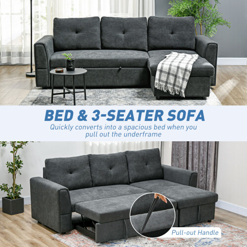 Homcom HOMCOM 3 Seater Sofa Bed, Convertible Pull Out Sofa with Storage, Dark Grey 2