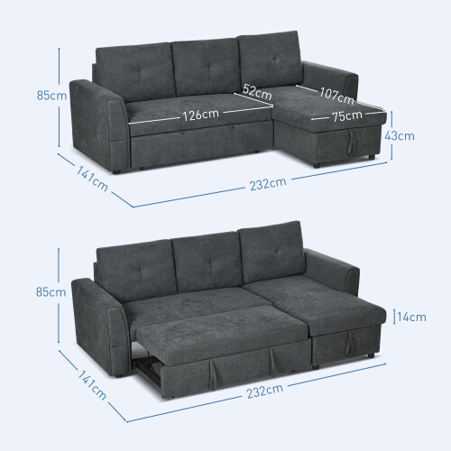 Homcom HOMCOM 3 Seater Sofa Bed, Convertible Pull Out Sofa with Storage, Dark Grey 1