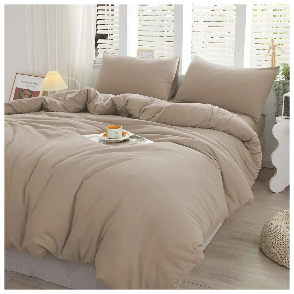 (Beige, Single Size Set) 4PC Dyed Duvet Cover Bedding Set with Fitted Sheet