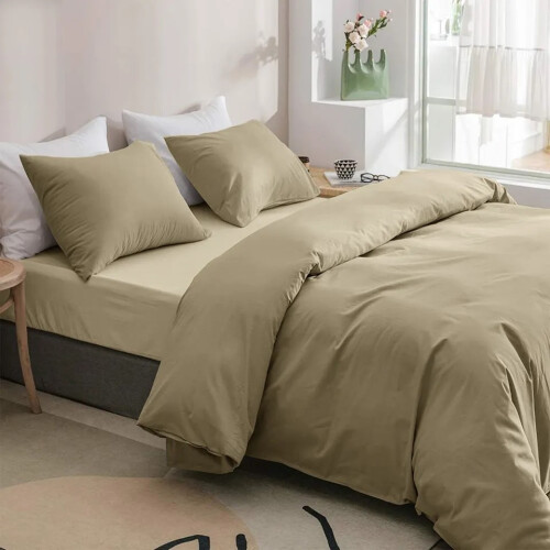 (Beige, Double Size Set) 4PC Dyed Duvet Cover Bedding Set with Fitted Sheet 2