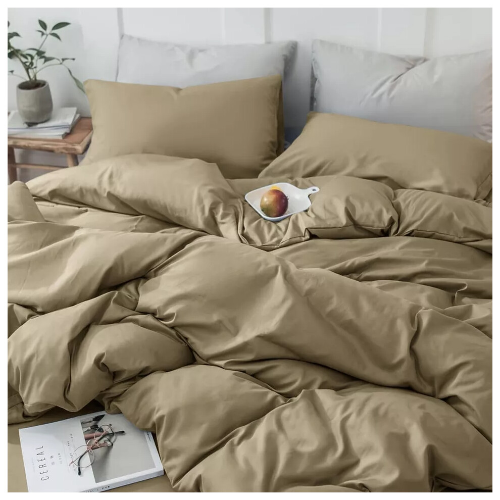 (Beige, King Size Set) 4PC Dyed Duvet Cover Bedding Set with Fitted Sheet