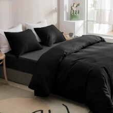 (Black, Single Size Set) 4PC Dyed Duvet Cover Bedding Set with Fitted Sheet