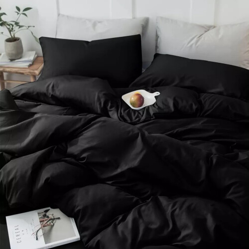 (Black, Double Size Set) 4PC Dyed Duvet Cover Bedding Set with Fitted Sheet 2