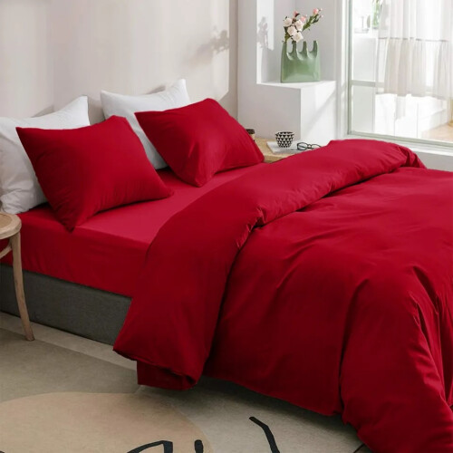 (Burundy Red, Single Size Set) 4PC Dyed Duvet Cover Bedding Set with Fitted Sheet