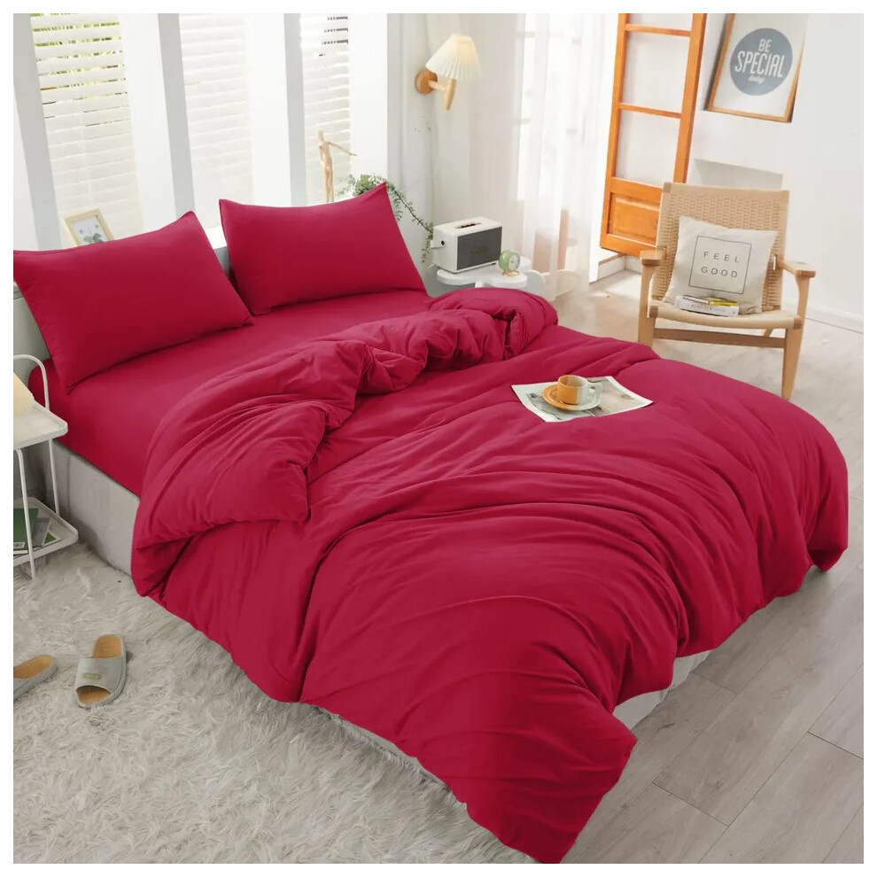 (Burundy Red, Super King Size Set) 4PC Dyed Duvet Cover Bedding Set with Fitted Sheet