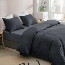 (Charcoal, Double Size Set) 4PC Dyed Duvet Cover Bedding Set with Fitted Sheet