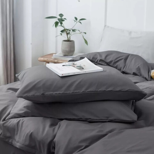 (Charcoal, Double Size Set) 4PC Dyed Duvet Cover Bedding Set with Fitted Sheet 2