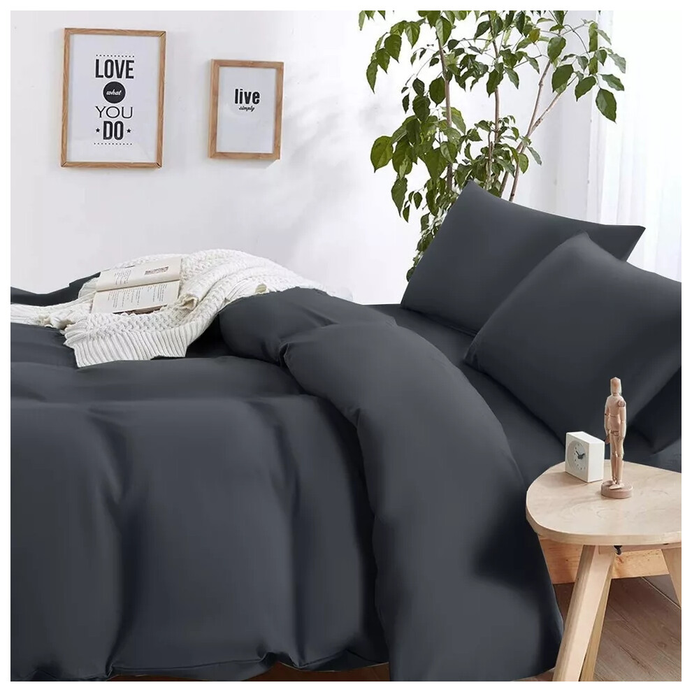 (Charcoal, King Size Set) 4PC Dyed Duvet Cover Bedding Set with Fitted Sheet