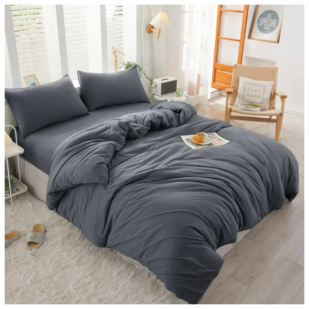 (Charcoal, Super King Size Set) 4PC Dyed Duvet Cover Bedding Set with Fitted Sheet