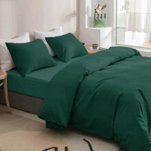 (Emerald Green, Single Size Set) 4PC Dyed Duvet Cover Bedding Set with Fitted Sheet