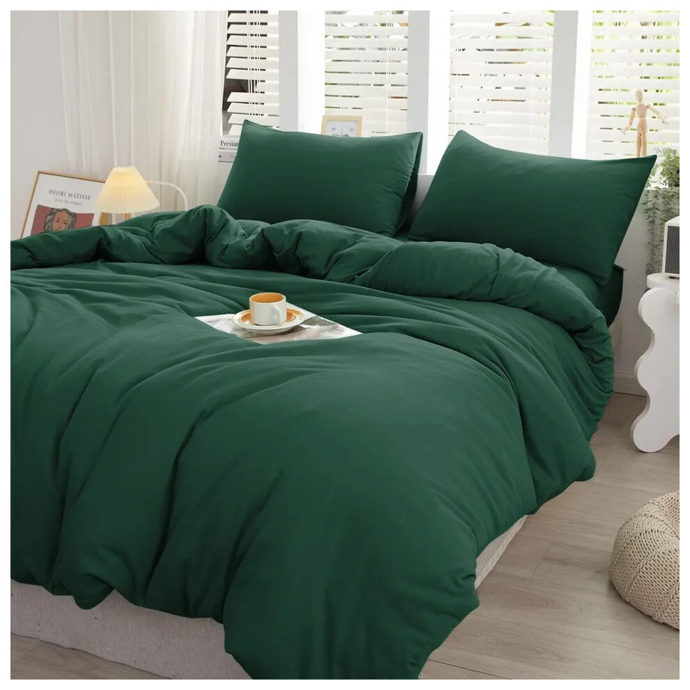 (Emerald Green, Double Size Set) 4PC Dyed Duvet Cover Bedding Set With Fitted Sheet