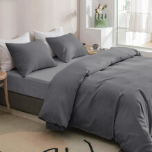 (Grey, Single Size Set) 4PC Dyed Duvet Cover Bedding Set with Fitted Sheet