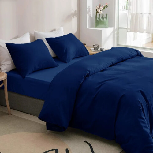 (Navy Blue, Single Size Set) 4PC Dyed Duvet Cover Bedding Set with Fitted Sheet