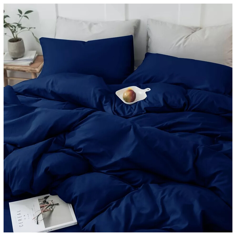 (Navy Blue, King Size Set) 4PC Dyed Duvet Cover Bedding Set with Fitted Sheet