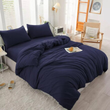(Navy Blue, Super King Size Set) 4PC Dyed Duvet Cover Bedding Set with Fitted Sheet