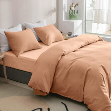 (Peach, Single Size Set) 4PC Dyed Duvet Cover Bedding Set with Fitted Sheet