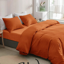 (Rust, Single Size Set) 4PC Dyed Duvet Cover Bedding Set with Fitted Sheet