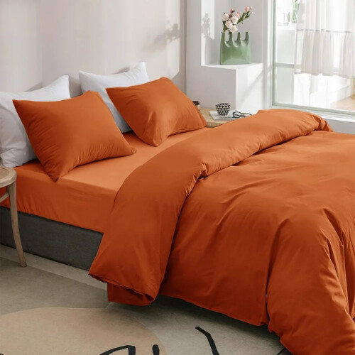 (Rust, Single Size Set) 4PC Dyed Duvet Cover Bedding Set with Fitted Sheet