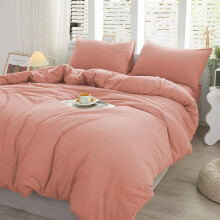 (Peach, Double Size Set) 4PC Dyed Duvet Cover Bedding Set with Fitted Sheet