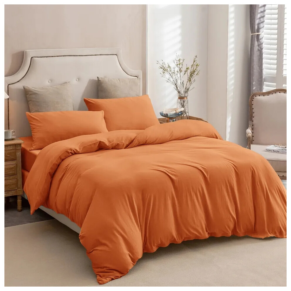 (Rust, King Size Set) 4PC Dyed Duvet Cover Bedding Set with Fitted Sheet