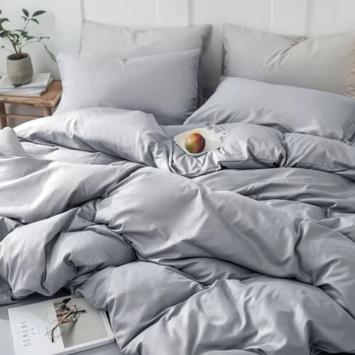 (Silver, King Size Set) 4PC Dyed Duvet Cover Bedding Set with Fitted Sheet