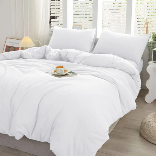 (White, Double Size Set) 4PC Dyed Duvet Cover Bedding Set with Fitted Sheet