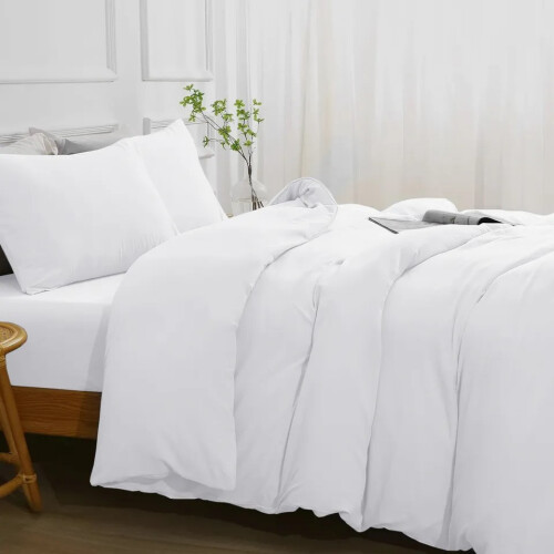 (White, Double Size Set) 4PC Dyed Duvet Cover Bedding Set with Fitted Sheet 2