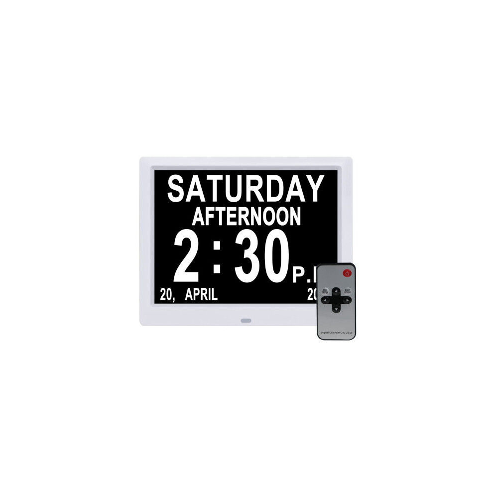 (White) Digital Day Clock 7 Inch LED Calendar Dementia Alarm Time Date Month Memory