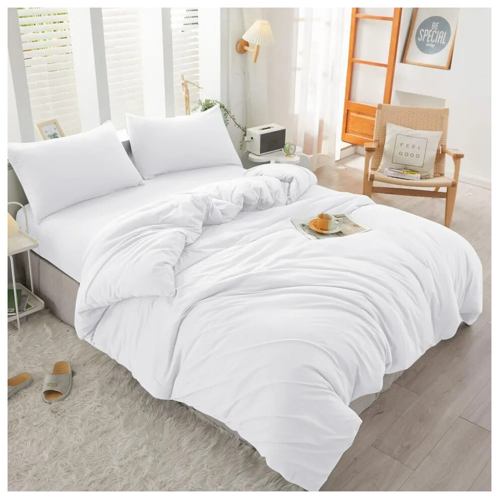 (White, Super King Size Set) 4PC Dyed Duvet Cover Bedding Set with Fitted Sheet