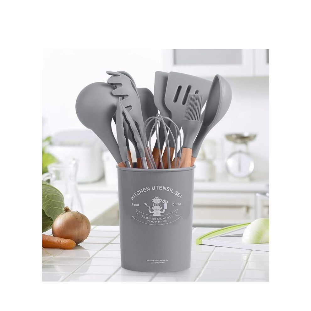 Awh Nonstick 11 Pcs Silicone Kitchen Utensils Set With Wooden Handle And Storage Bucket - Silicone Cooking Utensils Set (Gray) Gray