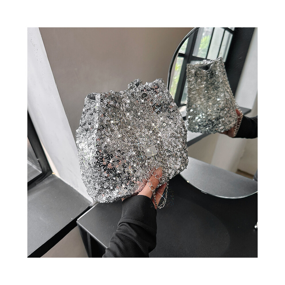 (Silver) Silver Elegant Sequin Pu Shoulder Bag For Evening Or Casual Use With Large Capacity