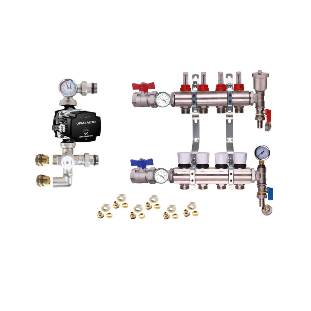 (4 PORT) Water Underfloor Heating Kit 1 - 12 Ports with Pump and Blending Valve Set
