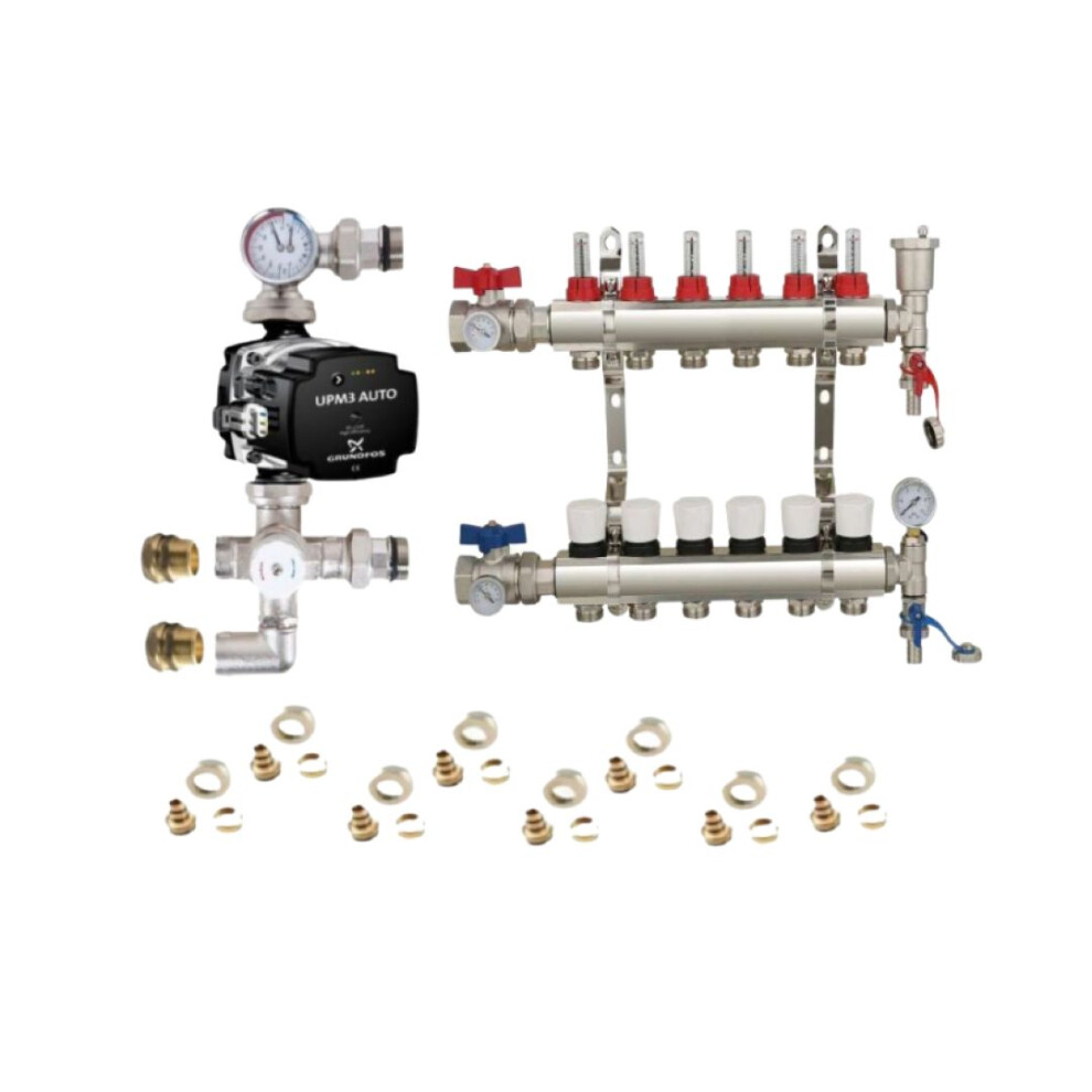 (6 PORT) Water Underfloor Heating Kit 1 - 12 Ports with Pump and Blending Valve Set
