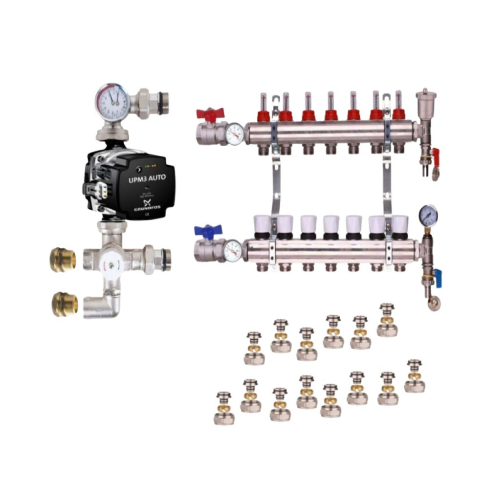 (7 PORT) Water Underfloor Heating Kit 1 - 12 Ports with Pump and Blending Valve Set